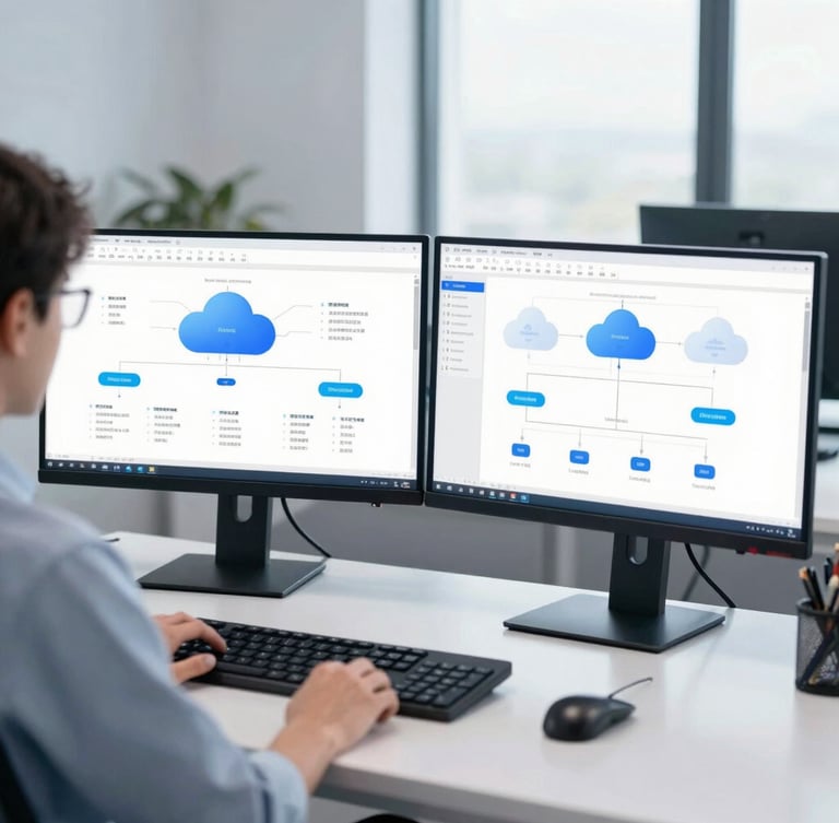Over-the-shoulder shot of a clean developer workspace, dual monitors displaying complex enterprise cloud architecture diagrams, cool blue studio lighting, sharp focus