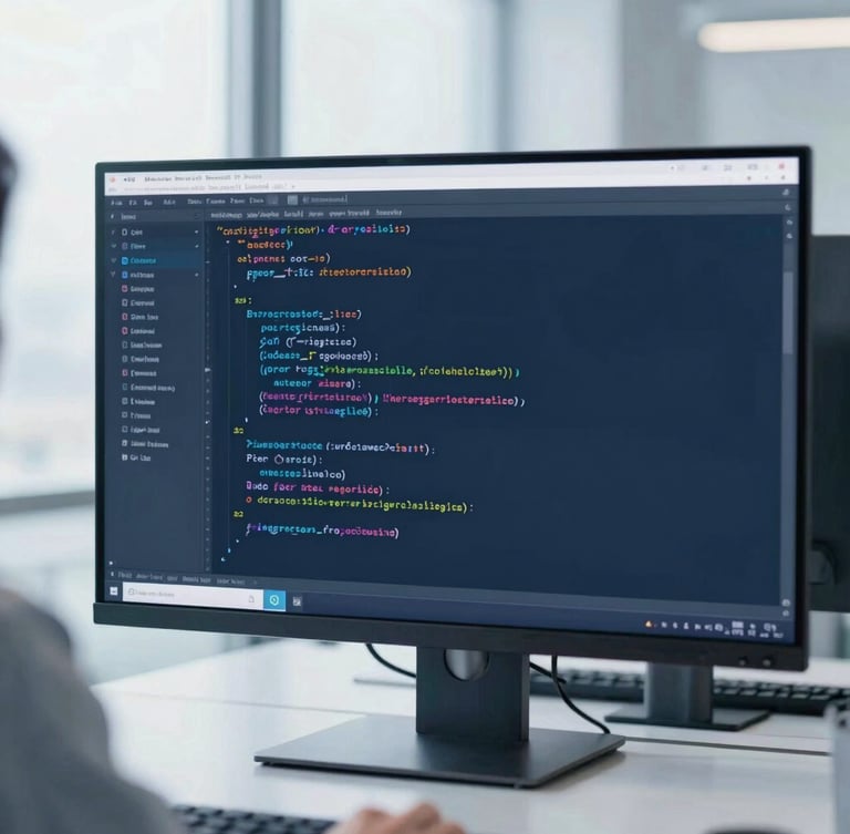 Over the shoulder shot of clean enterprise code on a high-resolution screen in a bright, modern corporate office, cool blue tones, 35mm lens