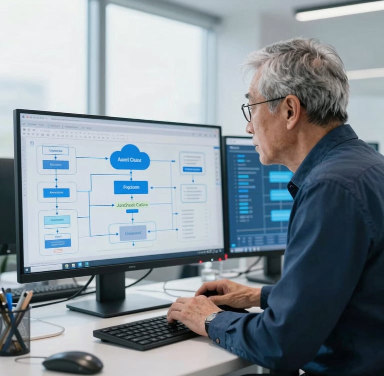 A senior IT architect analyzing complex cloud architecture diagrams on high-resolution screens in a modern, brightly lit corporate office, cool blue tones, sharp focus, 35mm lens