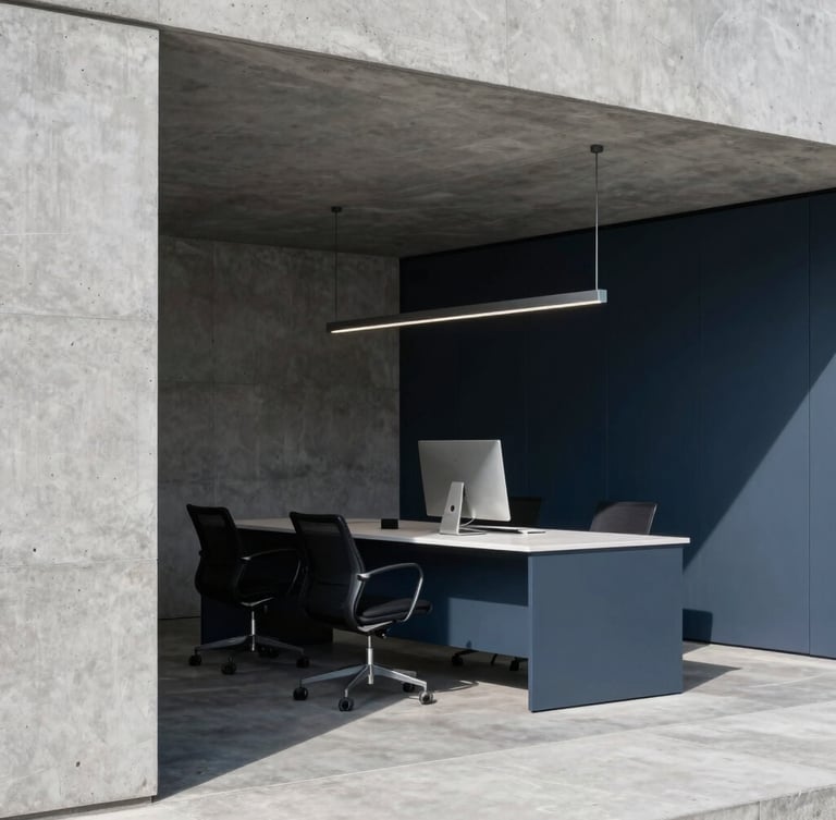 Crisp natural side-lighting on a modern architectural concrete workspace with deep slate shadows, 35mm editorial corporate photography.