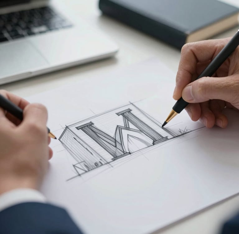 Macro detail of hands sketching a capital model on paper over a clean slate desk, soft natural side-lighting, architectural depth.