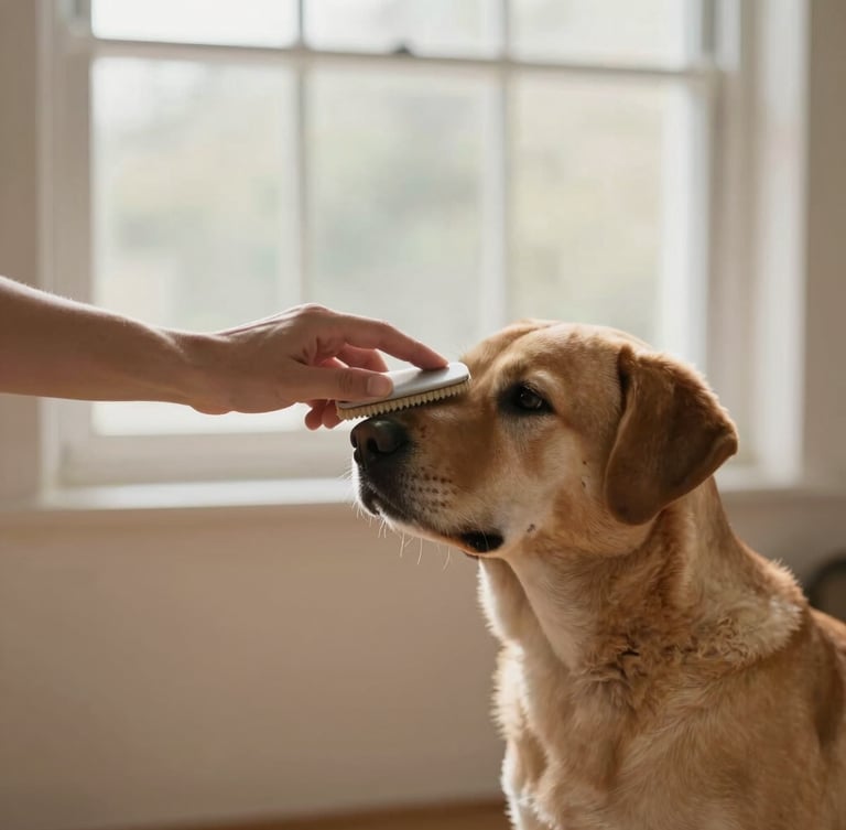 A handler gently brushing a calm dog at eye level, soft natural window light, serene non-clinical setting, warm tones