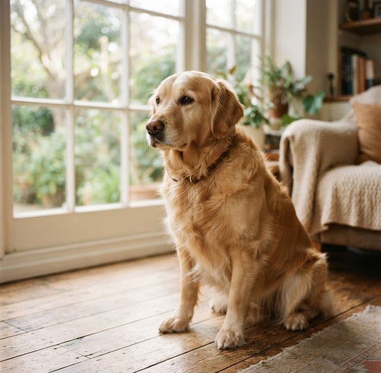 A calm golden retriever sitting peacefully in soft natural window light, shallow depth of field, warm organic tones, 35mm photography