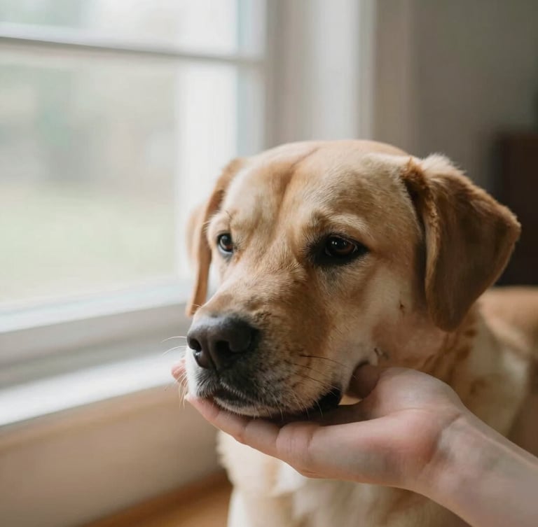 A calm dog resting its chin on a handler's hand, soft natural window light, shallow depth of field