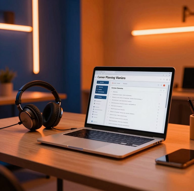 Dynamic wide shot of a creative workspace in Belgium, a laptop with open career planning tools next to professional audio headphones, warm orange neon ambient lighting