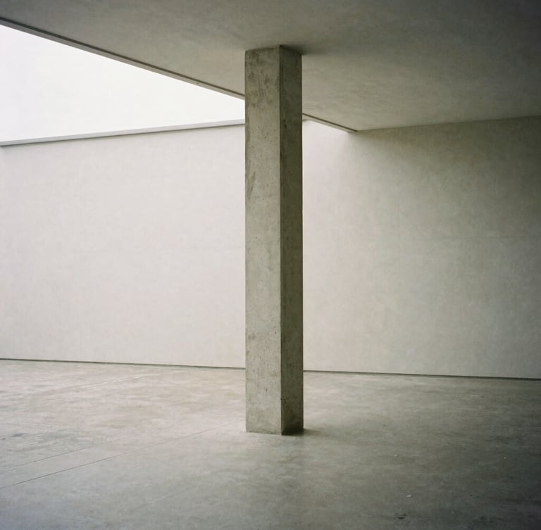 A solitary concrete column standing in a wide gallery space, soft diffused overcast daylight from a high window, minimalist editorial photography, 80mm.