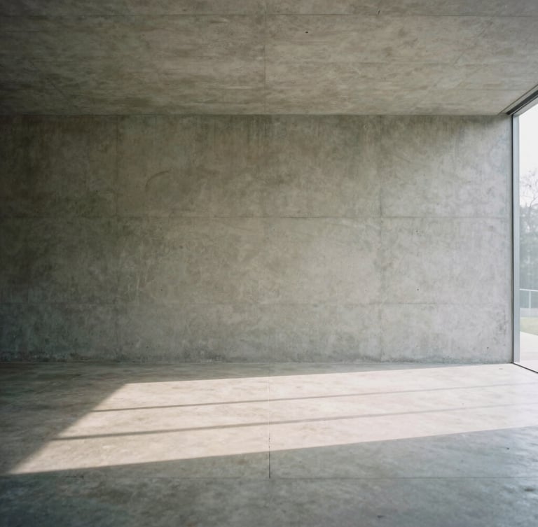 Minimalist concrete interior with soft diffused overcast daylight casting long quiet shadows, architectural geometry, medium format 80mm