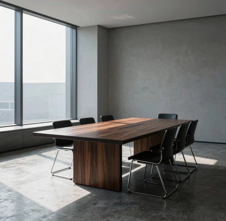An empty corporate boardroom table made of dark wood, sharp architectural daylight streaming through large windows, geometric shadows on a concrete floor, minimalist composition.