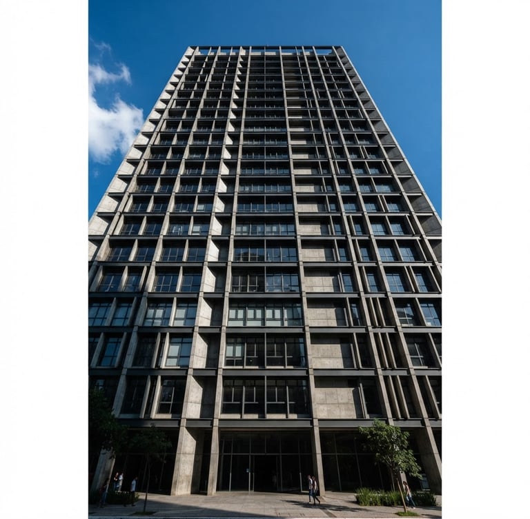 Low-angle architectural photography of a modern concrete and steel office facade in São Paulo, sharp daylight, deep shadows, cool slate tones, minimalist geometric composition.