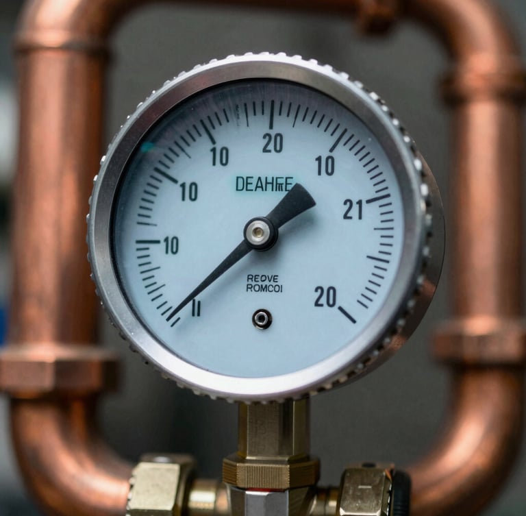 Macro close-up of a digital pressure gauge connected to a clean copper reverse osmosis manifold, sharp focus on the cyan digital readout, dark industrial background.