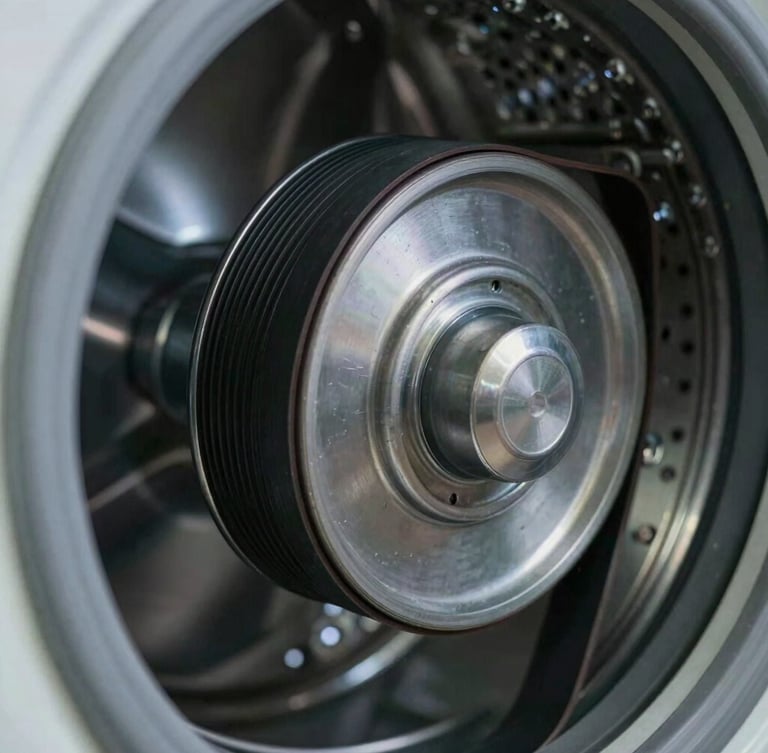 A tight macro shot of a washing machine's rear drive pulley and new heavy-duty belt, sharp focus on the tension alignment, cool workshop lighting.
