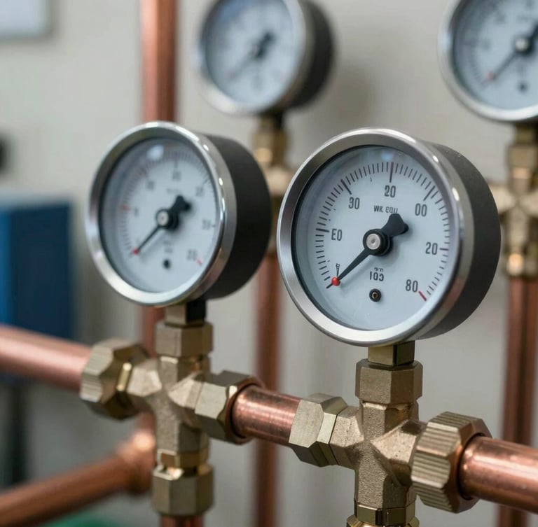 Close-up macro shot of digital manifold gauges connected to clean copper piping, bright natural focus on the glowing digital pressure readout, organized utility space background.