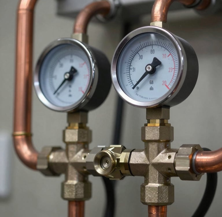 Tight macro shot of digital manifold gauges connected to clean copper HVAC lines, sharp focus on blue and red dial readings, industrial utility lighting.