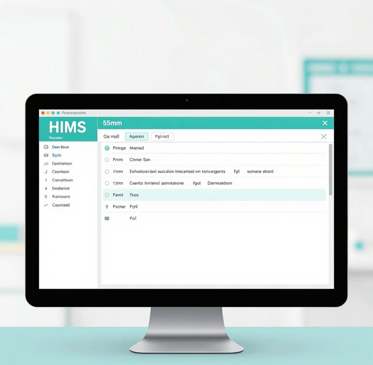 Straight-on high-fidelity HIMS software interface screenshot displaying clinical patient charts, real-time metrics, sterile white background, soft teal accents, 35mm