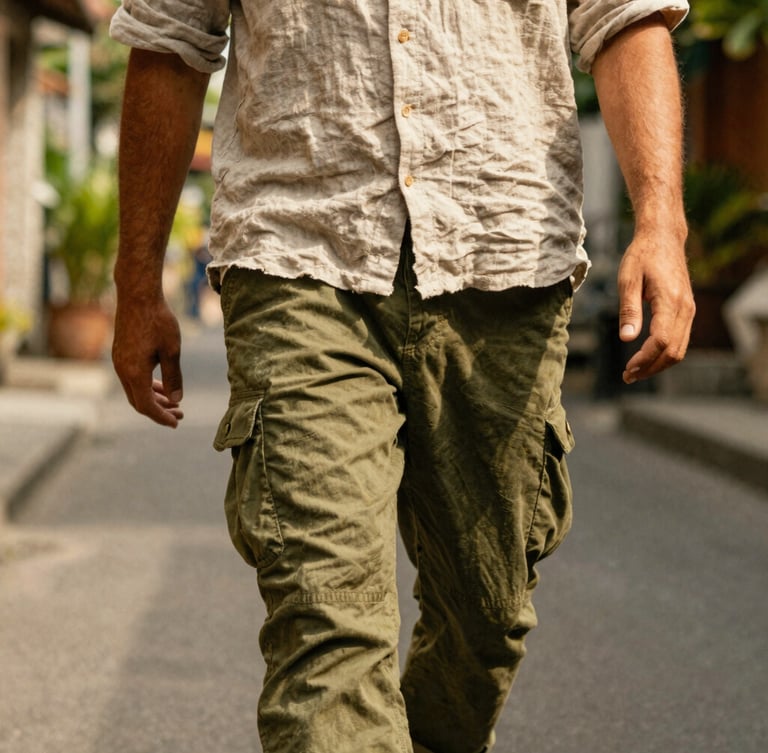 Close-up of sun-washed olive utility trousers and a textured linen weave shirt, worn by a traveler walking through a sun-drenched Balinese alleyway, warm natural light, 35mm film.