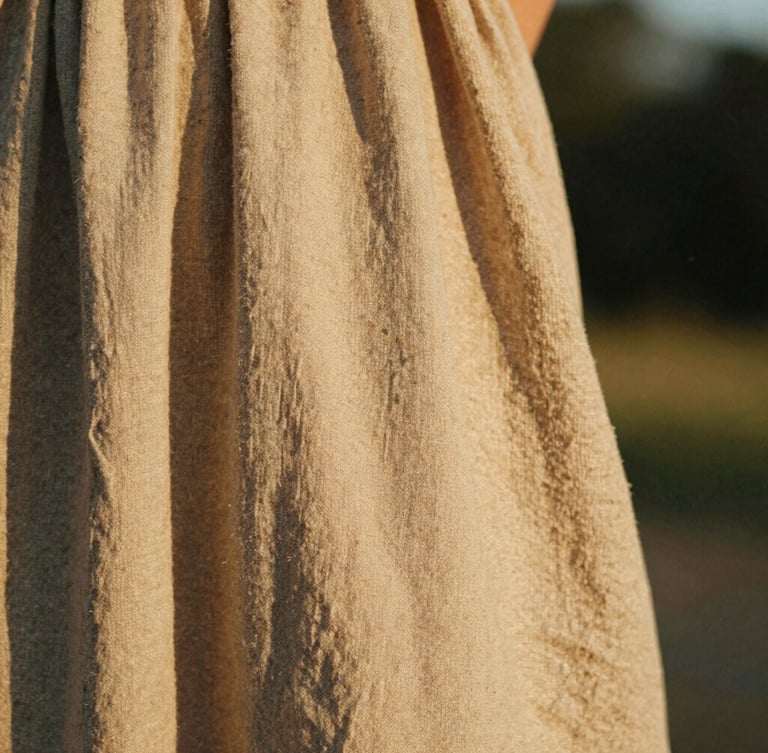 Close-up of textured linen fabric being held, warm golden-hour sunlight, earthy sand-washed tones, candid lifestyle feel, 35mm film.