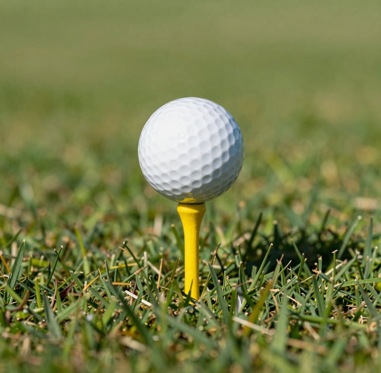 A crisp close-up of a dimpled white golf ball sitting on a vibrant yellow tee, bright natural sunlight casting sharp shadows on lush green grass.