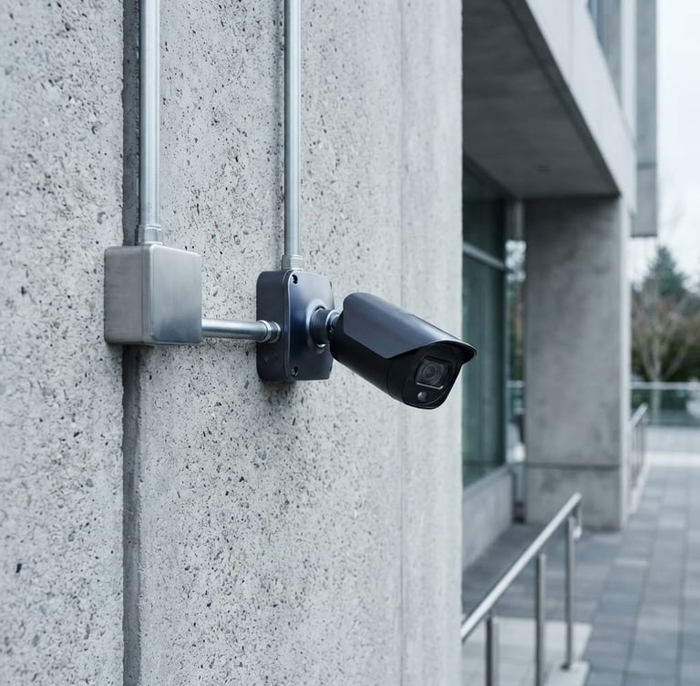 Crisp commercial photography of a modern high-end security camera neatly mounted on a concrete architectural wall, clean conduit lines, cool daylight, sharp focus, 35mm