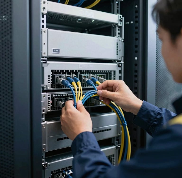 Close-up of a professional technician in uniform neatly organizing cables in a clean server rack, cool daylight, metallic tones