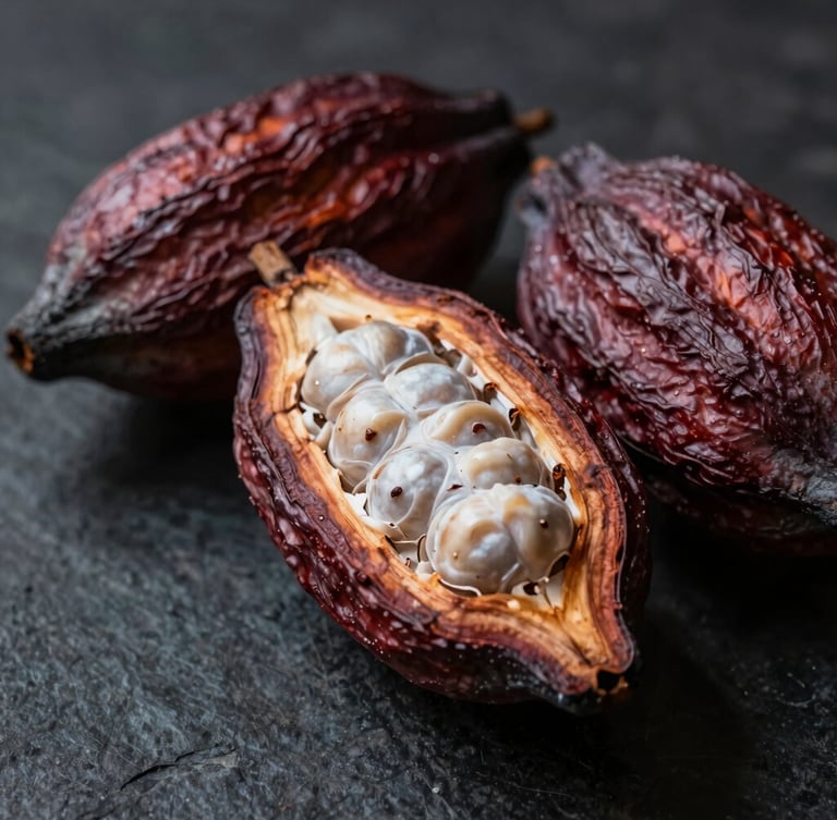 Macro close-up of raw single-origin cacao pods resting on a dark textured stone surface, dramatic side-lighting with soft shadows, rich warm ivory and burgundy tones, shallow depth of field