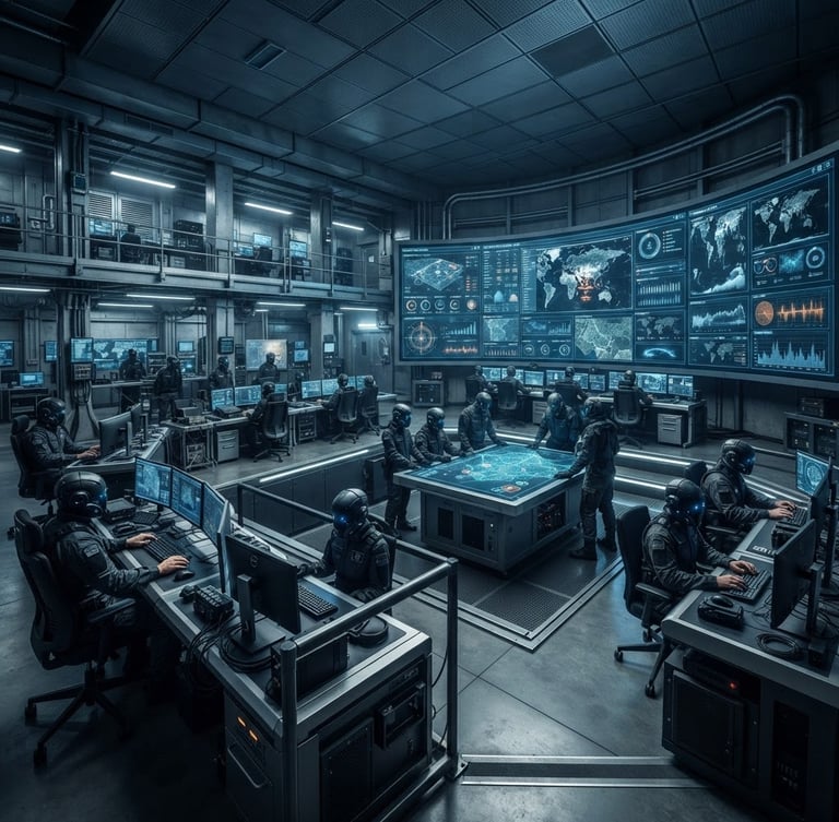Wide panoramic shot of a modern military command center, operators wearing Silent Masks, screens displaying tactical data, dramatic cool lighting, focus on technology and mission. Industrial product photography, cool steel-grey and deep blue tones, sharp focus, 50mm lens.
