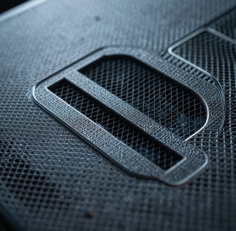 Close-up macro shot of Silent Mask's multi-layer acoustic mesh, showing intricate material structure, under dramatic side-lighting with cool steel-grey tones.