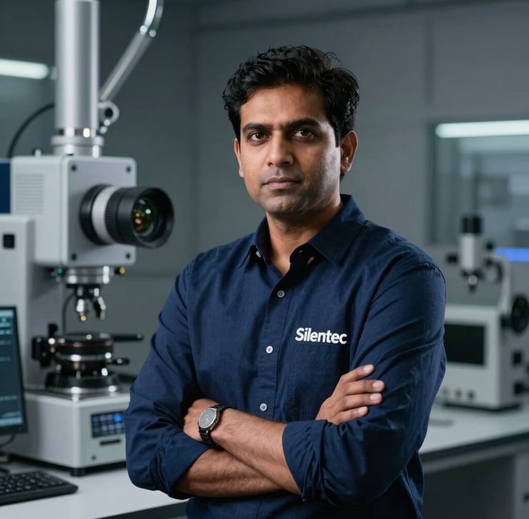 Professional portrait of Dheeraj Maurya, founder of Silentec, looking determined, in a modern tech lab setting, dramatic side-lighting, cool steel-grey and deep blue tones, sharp focus, 50mm lens.