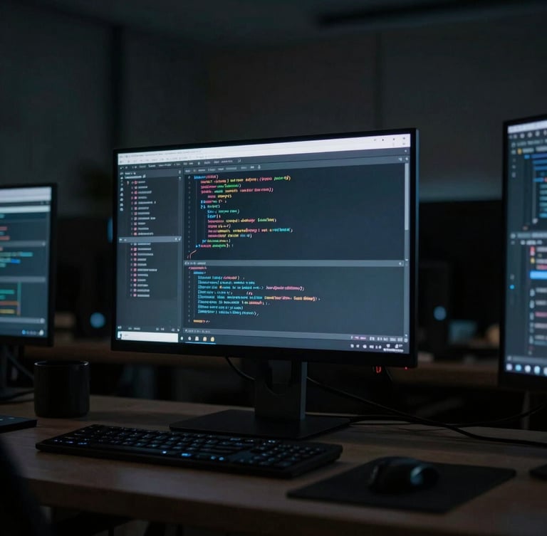 Moody low-key photography of a high-end developer workspace in Austin, cool-toned ambient screen light, code editor visible on a vertical monitor, sharp focus, high contrast, 35mm lens