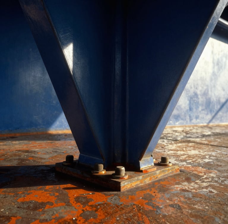 Close-up of heavy structural steel bolt and welded joint, high-contrast late afternoon sun casting sharp shadows, technical precision
