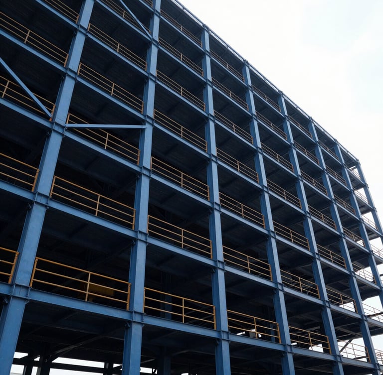 Low-angle wide shot of massive steel framework under dramatic high-contrast daylight, clean architectural lines, deep steel blue tones