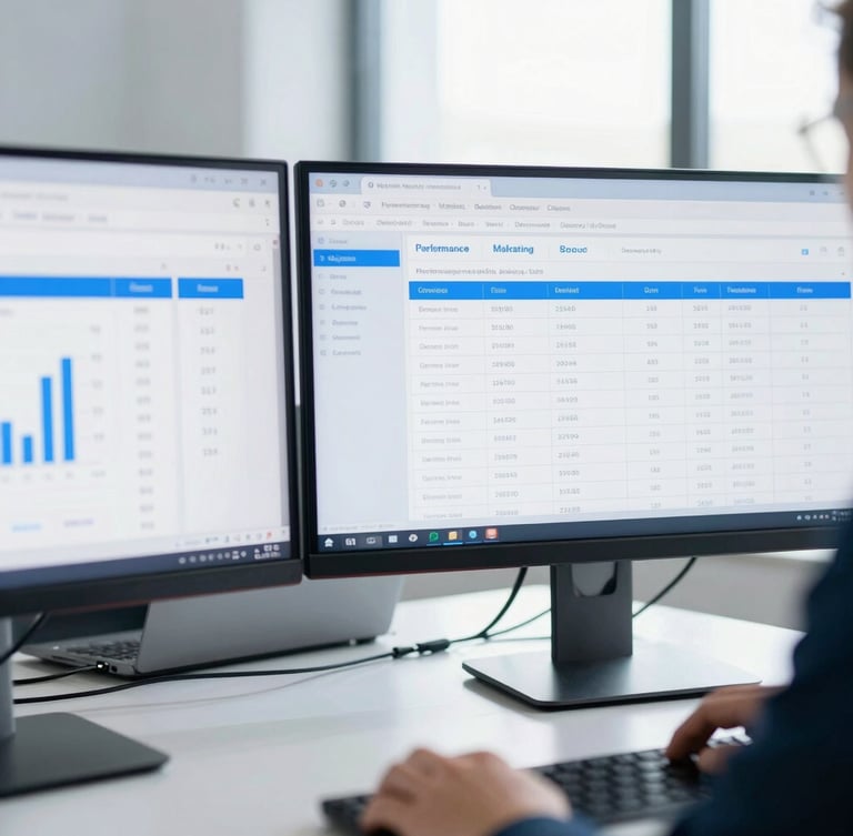 Close-up of a performance marketing strategist analyzing data on dual monitors in a bright, modern office, cool blue accents, natural daylight