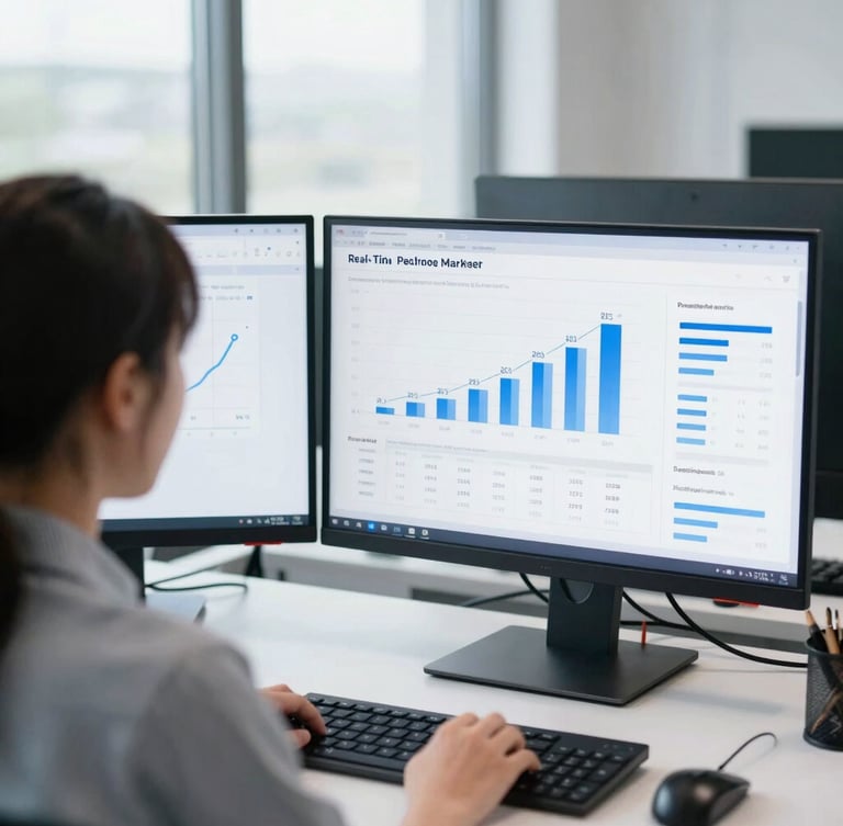 Over-the-shoulder shot of a performance marketer analyzing real-time ROAS dashboards on dual monitors, bright natural daylight, cool blue accents, sharp focus