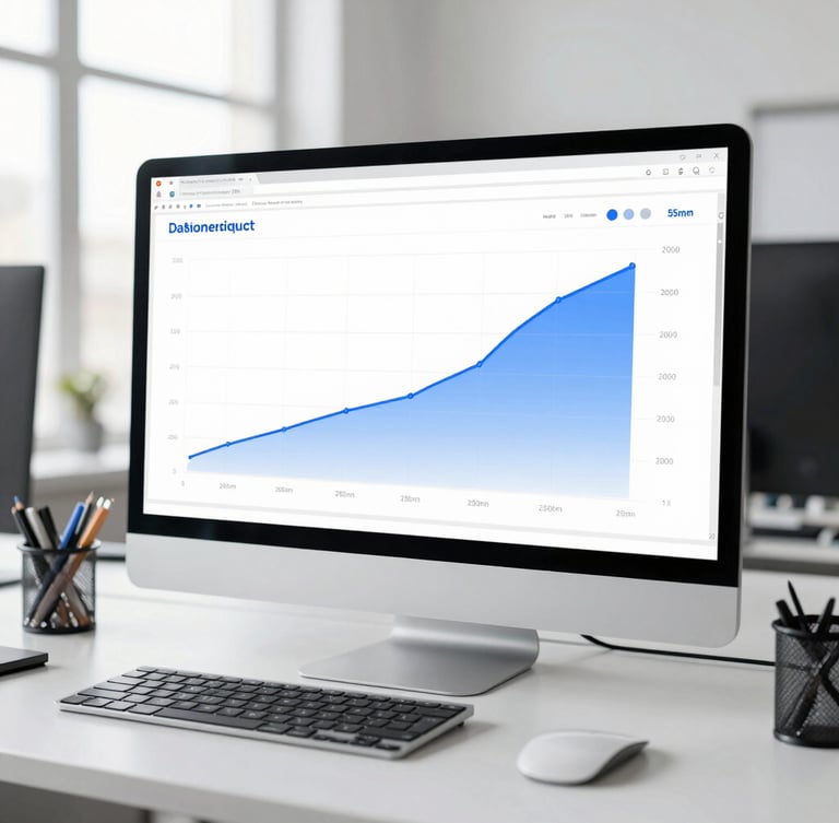 High-fidelity dashboard screenshot showing positive growth curves, clean modern workspace environment with cool blue accents, bright daylight, 35mm lens