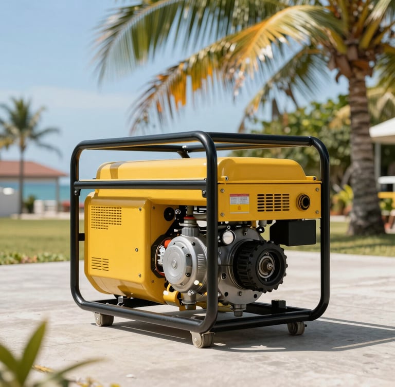 A heavy-duty yellow industrial generator positioned on a clean concrete pad, bright tropical sunlight, sharp professional commercial photography, 35mm.