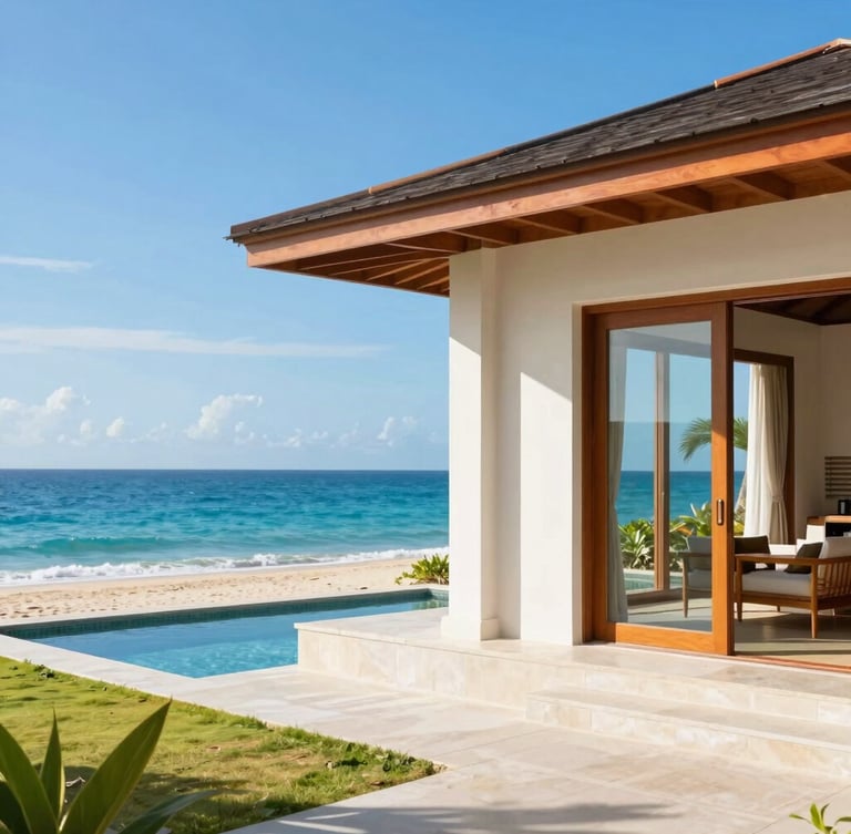 Bright tropical editorial photography, warm natural sunlight, a modern luxury beachfront villa in Siargao with clean architectural lines, vibrant blue ocean background, sharp focus, 35mm