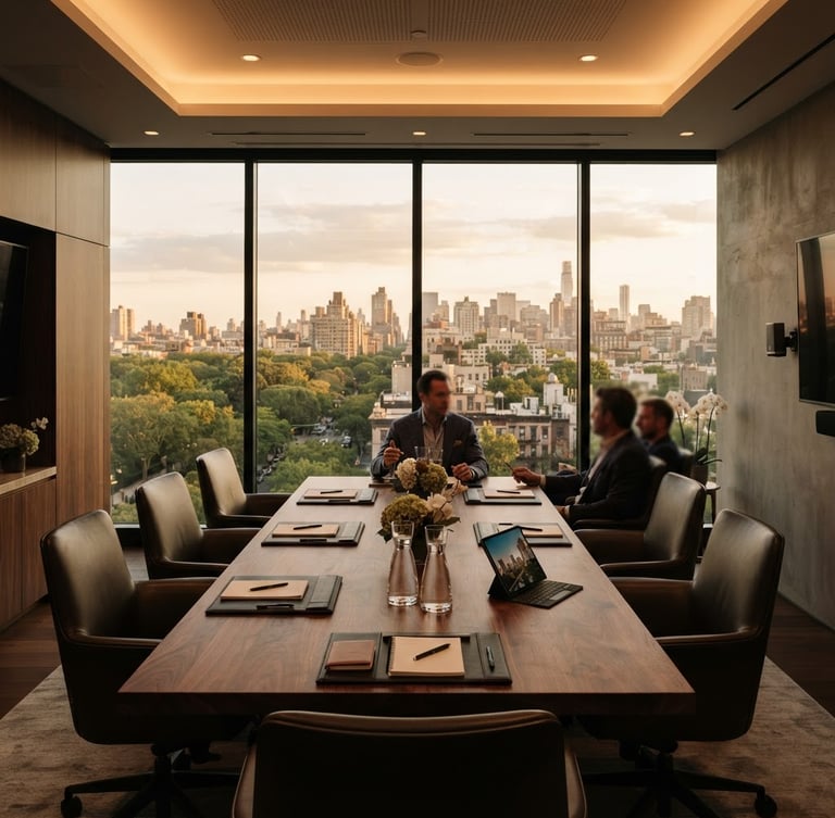 Elegante interior de oficina corporativa moderna con luz cálida, mesa de conferencias de madera oscura, sillones de cuero, ventanales con vista a un paisaje urbano arbolado, ambiente de prestigio y discreción.