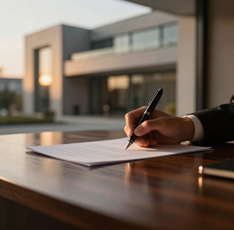Professional photograph of a legal document being signed with a fountain pen on a dark polished wooden desk, subtle reflections, warm low-key lighting, shallow depth of field.
