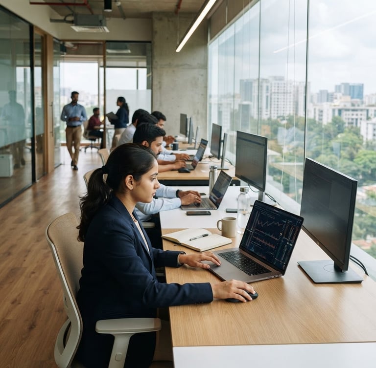 A bright, modern corporate office in Bengaluru, natural daylight streaming through large windows, clean desks with laptops showing financial charts, professional minimalist atmosphere, 35mm photography