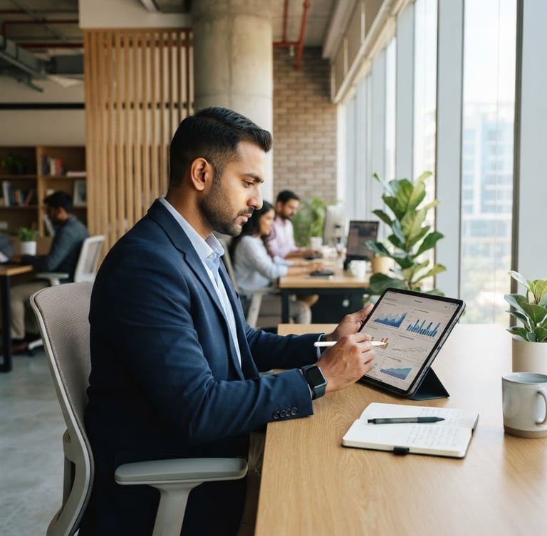Modern Indian workspace, professional analyzing data on a tablet, bright natural office light, architectural details, 35mm