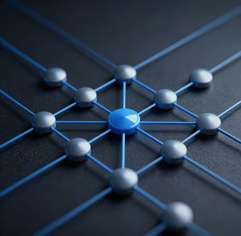 Abstract architectural diagram showing data flow and redundant nodes, cool blue lines on dark background, sharp focus, high-contrast