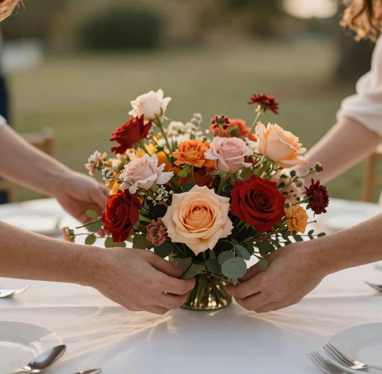 Portrait-oriented image of hands meticulously arranging a floral centerpiece on a white tablecloth, soft natural light, shallow depth of field, elegant and warm atmosphere, subtle background blur of an outdoor event.