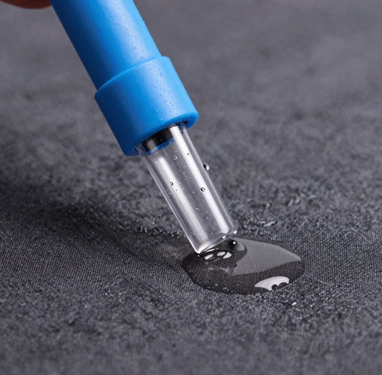 Macro shot of a professional extraction nozzle drawing dirty water from a dark grey fabric, water droplets visible inside the transparent nozzle, bright studio lighting, electric blue accents