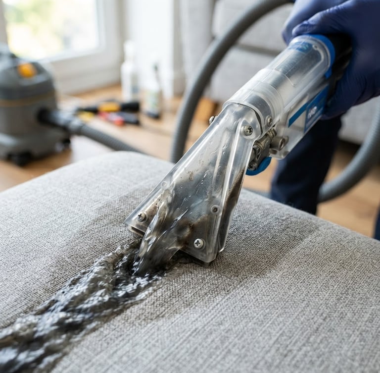 Macro shot of a high-tech extraction nozzle drawing dark water out of a light grey textured sofa fabric, crisp daylight, professional detailing gear visible
