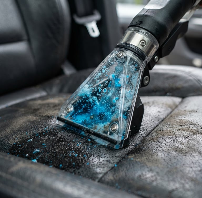Macro shot of a high-tech German extraction nozzle deep cleaning a dark leather car seat, electric blue water droplets visible in the suction chamber, sharp focus, technical precision