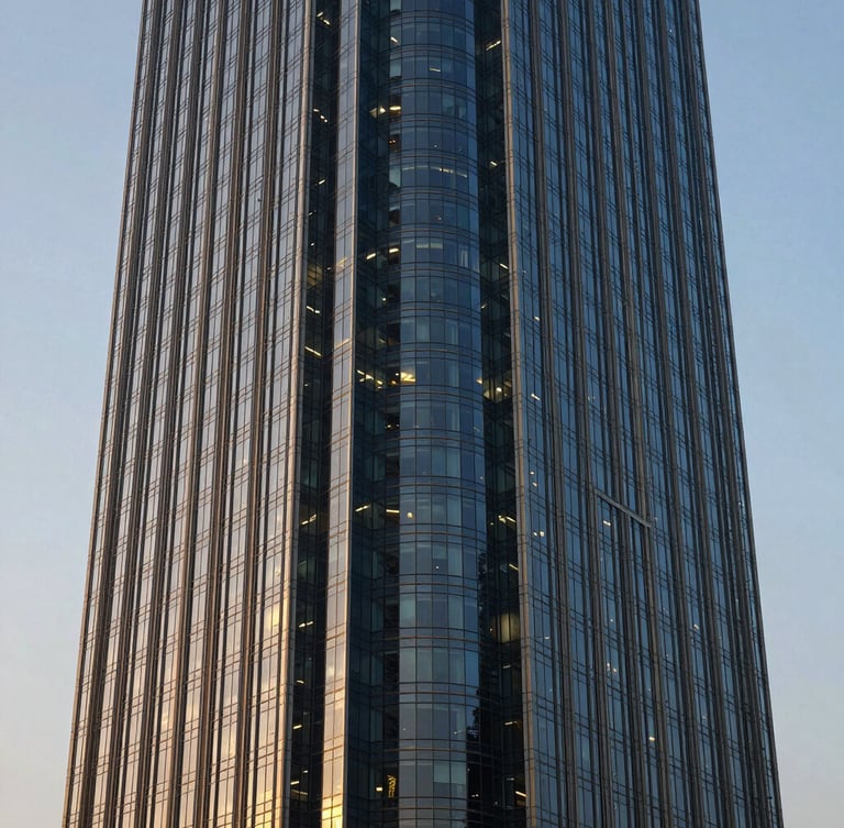 Sharp architectural angle of a modern financial district skyscraper in New Delhi, deep navy glass facade reflecting soft morning window light, professional 50mm corporate photography