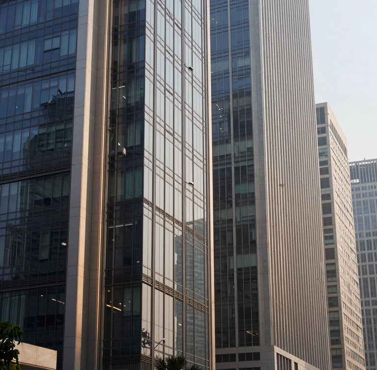 Wide panoramic architectural detail of a modern financial district in New Delhi, clean glass facades reflecting soft morning light, editorial corporate photography.