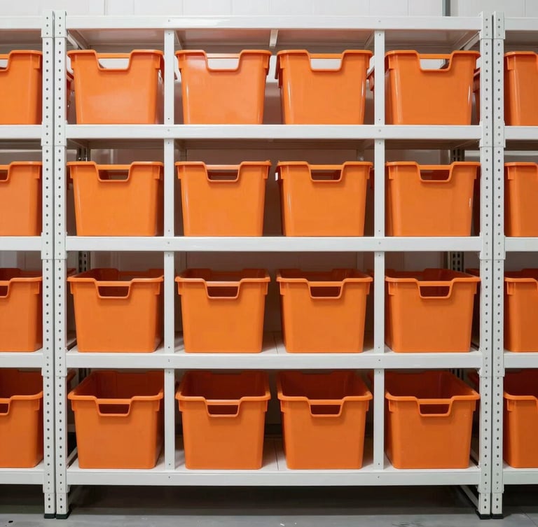 Straight-on clean industrial photograph of organized warehouse shelves with safety orange storage bins, bright high-key lighting, 35mm