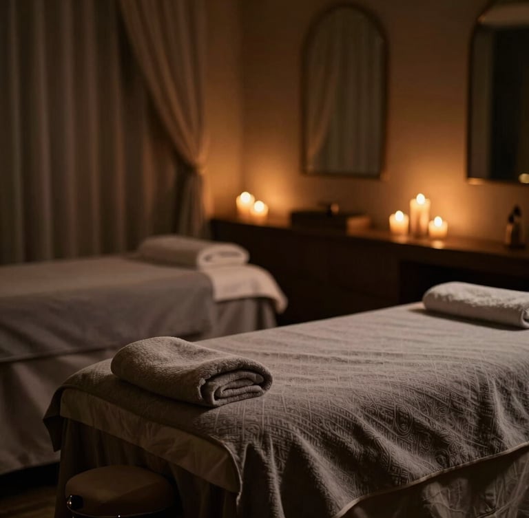 soft-focus environmental shot of a dimly lit luxury spa treatment room in Noida, warm candlelight filtering through sheer drapes, plush massage table with textured grey linens, deep shadows
