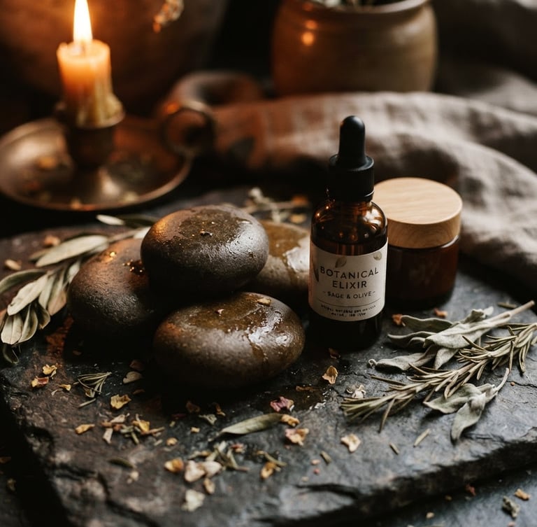 moody editorial photography, close-up of warm basalt stones and botanical oils on a dark textured surface, soft candlelight, deep shadows, warm bronze tones