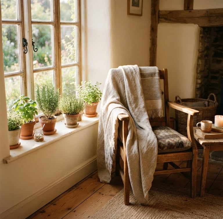 A sunlit cottage living room corner, linen throw blankets draped over a warm-toned wooden chair, potted herbs on a windowsill, golden-hour window light, shallow depth of field